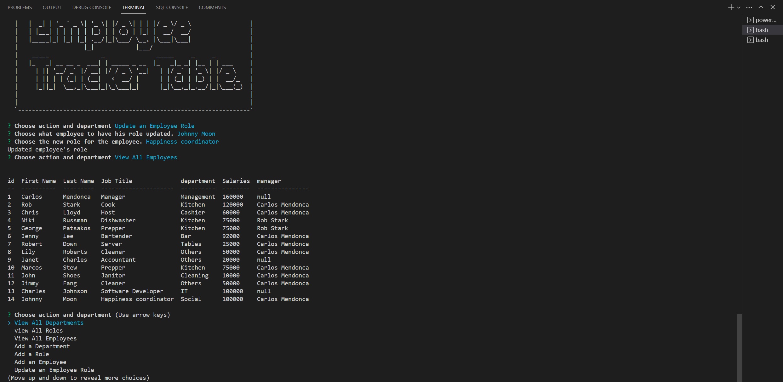 Employee tracker table screenshot