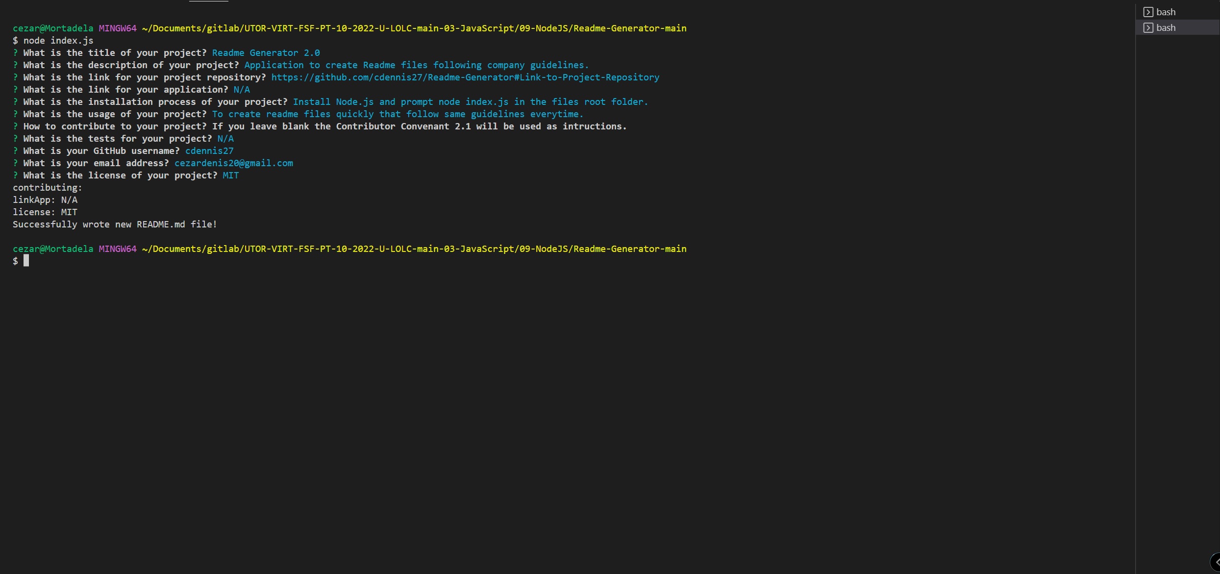 Readme file generator screenshot